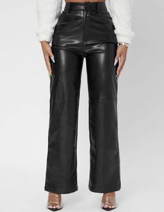 Shein Solid High Waist Straight Leg Polyurethane Leather Soft Pant New Size~ Large, 8/10  Machine Wash Cold  Gentle Cycle Do Not Bleach Measurements~ Length~42.5 in Waist~15 In Hip~ 19.5 In Pant Open~ 10.5 In ALL ITEM ARE GUARANTEED FROM A SMOKE & PET FREE HOME.  I TRULY APPRECIATE YOUR BUSINESS AND WANT TO ASSURE A POSITIVE TRANSACTION FOR BOTH MYSELF & BUYER. IF YOU HAVE ANY QUESTIONS, PLEASE FEEL FREE TO ASK.  THANK YOU FOR YOUR BUSINESS AND I HOPE WE CAN DEAL TOGETHER IN THE FUTURE. I DO NOT Leather Pants Women, Style Noir, Leather Trousers, Faux Leather Pants, School Fashion, Wide Leg Trousers, High Waisted Pants, Winter Women, Womens Bottoms