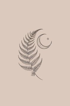 a drawing of a fern leaf with the moon in the background