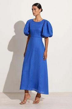 Skirts Wedding Guest, Puffy Sleeve Maxi Dress, Wedding Guest Dress Puff Sleeve, Modest Cute Dresses, Blue Linen Maxi Dress, Cobalt Blue Bridesmaid Dresses, Bright Blue Bridesmaid Dresses, Blue Wedding Guest Outfit, Modest Spring Fashion