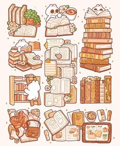 an illustrated book with many books on top of it and other items around the page