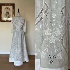 "Stunning hand embroidered late Edwardian dress. Dating to close to the 1910s. This must have take. Dozen of hours to embroidered. I believe this is a fine linen not cotton. Best for a petite framed person. Bust 34 Waist tight 25. Hip free. Length Neck 12.5\" I always recommend wearing corsets under these old dresses - corsets are not just for \"waist training\" but rather the corset will take the pressure of the body so the dress does not have to. This has been gently hand washed. Condition = T Edwardian Summer Dress, 1880s Dress, 1919 Fashion, Halloween Ball, 1910s Fashion, Cotton Lingerie, Edwardian Dress, Linen Summer, Old Dresses