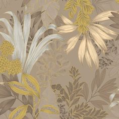 a floral wallpaper with yellow and grey flowers on it's sides, including leaves