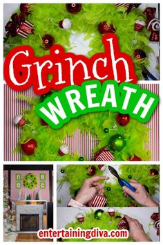 DIY Grinch Wreath (An Easy Grinch Christmas Door Decoration) Diy Grinch Wreath, Grinch Christmas Door, Glamping Christmas, A Grinch Christmas, Cut Snowflakes, Christmas Entry, Grinch Decorations