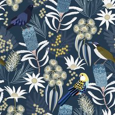 birds and flowers on a blue background