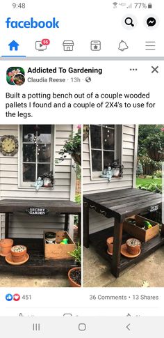 two pictures of an outdoor table made out of pallets and some other things in front of a house