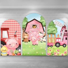 Pink Girls Farm Theme Arch Backdrop Cover Farm Cartoon, Animals Birthday Party, House Cartoon, Animals Birthday, Arch Backdrop, Seamless Backdrop, Picture Stand, Animal Birthday Party, Farm Theme