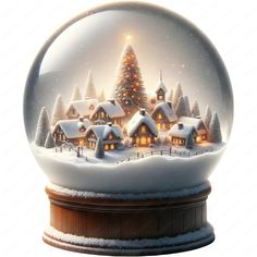 a snow globe with a christmas village in the middle and trees on top, surrounded by snow