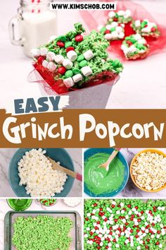 an easy grin popcorn recipe with green and red sprinkles, marshmallows, and candy