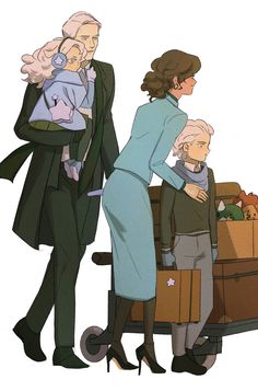 an older woman and two young children are standing in front of a cart full of luggage