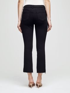 An essential cropped jean with an effortless, relaxed fit in saturated black. High-rise, five-pocket design is cut from premium stretch denim that holds its shape while providing supreme comfort. Slim straight leg gently drapes to a raw hem. Mid-rise Black Pants With Frayed Hem, Black High-rise Cropped Jeans With Frayed Hem, High Rise Black Cropped Jeans With Frayed Hem, Black High Rise Cropped Jeans With Frayed Hem, Trendy Black Cropped Jeans With Frayed Hem, Spring Mid-rise Black Cropped Jeans, Black Cropped Jeans With Frayed Hem For Fall, Chic Black Cropped Jeans For Spring, Black High-rise Cropped Jeans For Work