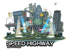 an animated image of a highway with cars and buildings in the background that says speed highway