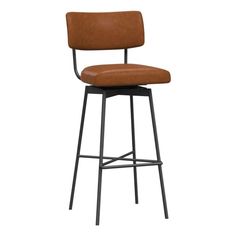 a brown leather bar stool with black metal frame and backrest, on an isolated white background