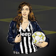 a drawing of a woman holding a soccer ball and wearing a black and white striped shirt