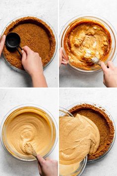 process shots showing how to make an easy pumpkin pie with graham's cheesecake crust