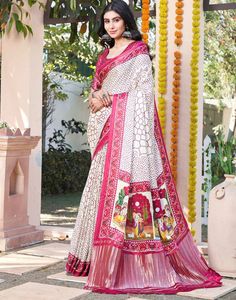 Type : Saree Saree Color : White & Dark Pink  Blouse Color : Dark Pink Saree Length : 6.3 Mtrs (With Blouse) Blouse Length : 0.80 Mtr Fabric : Gajji Silk Work : Bandhej Print & Lagdi Patta Care Instruction : Hand... Lagdi Patta Saree, Dark Pink Saree, Gaji Silk Bandhani Saree, Dark Pink Blouse, Bandhej Print, Patola Saree, Printed Saree