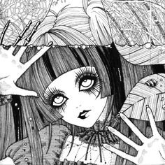 an ink drawing of a girl with long hair and big eyes holding her hand up to her face