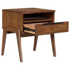 a wooden desk with two drawers and one drawer open