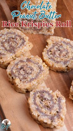 chocolate peanut butter rice krispies roll on a wooden cutting board with text overlay