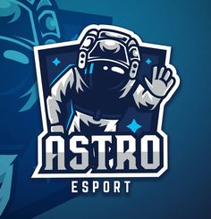 the astro esport logo on a blue background with an astronaut holding his hand up