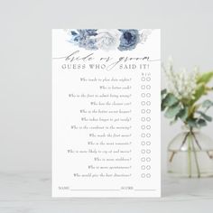 a blue and white floral bridal guess game