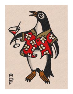 a penguin holding a wine glass in its beak and wearing a red shirt with white flowers on it