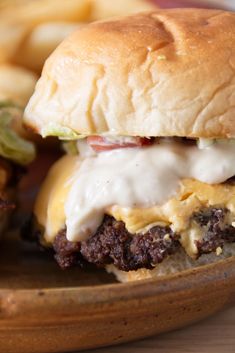 a close up of a hamburger on a plate with fries