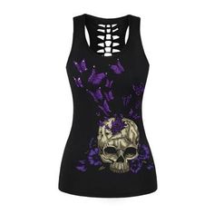 If you are looking for a tank top butterfly you are at the right place my friend, beautiful purple butterflies flying from an imposing skull, enough to make the perfect top for a gothic outfit. High-quality 3D printing: A deadly look in any situation Material: Polyester, Spandex. Comfort: shoulder openings for a better range of motion Anti-bacterial anti-smell: ionization of the fibers to stay dry FREE STANDARD SHIPPING Refer to the size guide below. It is recommended to take 1 size above your u Skull Clothes, Estilo Emo, Chaleco Casual, Butterfly Tank Top, Mode Costume, Estilo Rock, Running Tank Tops, Casual Tanks, Style Rock