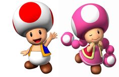 an image of two cartoon characters with different costumes and hair styles, one wearing a mushroom hat