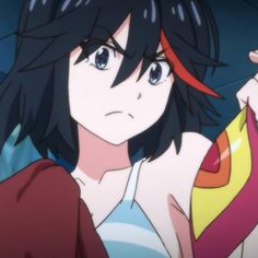 an anime character with long black hair and blue eyes holding a yellow object in her hand