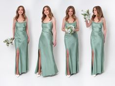 three bridesmaids in long green dresses posing for the camera with their bouquets