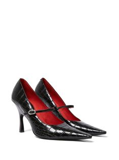 black buckle fastening embossed crocodile effect sculpted heel pointed toe contrast lining branded insole rubber outsole