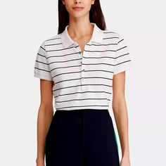 Description: Elevate Your Casual Wardrobe With This Lauren Ralph Lauren Monogram Mesh Polo A Perfect Blend Of Sophistication And Comfort! The Striking White And Black Stripes Add A Touch Of Timeless Elegance, While The Silver Metal Monogram Buttons Lend A Hint Of Luxury. Features: Size Small: 14" Armpit To Armpit, 26" Length Short Sleeves For A Breezy Feel Side Slits On The Bottom Hem For A Modern Twist Crafted From 97% Cotton And 3% Elastane For Ultimate Comfort And Stretch Condition: Like New Blue Linen Shirt, Striped Shirt Women, Black And White Shirt, Lauren Green, Lauren White, Striped Polo Shirt, Classic Chic, Cotton Polo Shirt, Polo Shirt Women