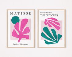 two posters with pink and green leaves on them against a white wall, one has the word matissee in it