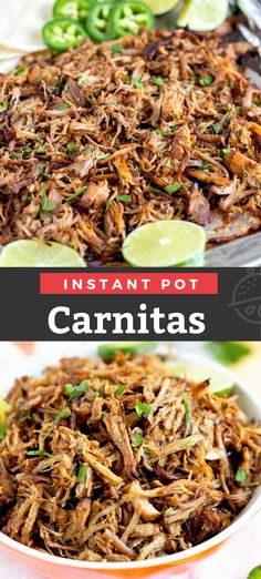 instant pot carnitas recipe in a bowl with limes and cilantro on the side