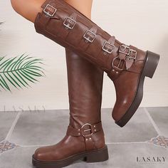 Lasaky - Classic Women's Long Boots with Adjustable Strap Ladies Long Boots, Low Heel Boots, Classic Women, Comfortable Heels, Long Boots, Hook And Loop, Low Heels, Knee High Boots, High Heel