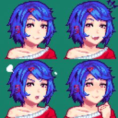 four different images of a woman with blue hair and red shirt, one has her hand on