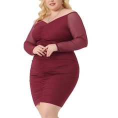 This off-shoulder bodycon dress features long mesh sleeves, ruched detail, and a bodycon mini design that creates an elegant look, perfect for cocktail parties or special events. Designed with a comfortable and flattering plus-size fit, this dress is suitable for women of all sizes who want to look and feel great while dressed up. The classic design of this dress makes it easy to be paired with different accessories and shoes, from heels and pumps to flats or sandals, making it a versatile addit Fall Off-shoulder Ruched Bodycon Dress, Fall Ruched Off-shoulder Bodycon Dress, Mini Bodycon Dress, Plus Size Halloween, Plus Size Fits, Cocktail Parties, Mesh Sleeves, Mesh Long Sleeve, Bodycon Mini Dress