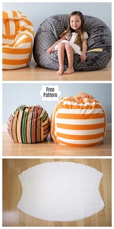 three different pictures showing how to make a bean bag chair with the same fabric material