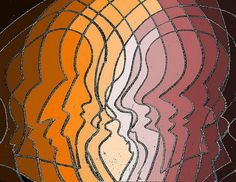 an abstract image with lines and shapes in shades of orange, pink, yellow and brown