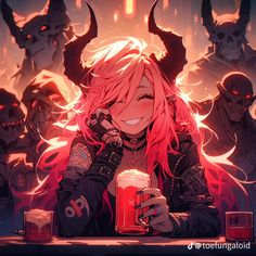 a woman sitting at a table with a mug in front of her, surrounded by demon heads