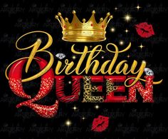 birthday queen with red lips and gold crown on black background, surrounded by sparkles