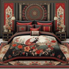 a bed covered in red and black comforters