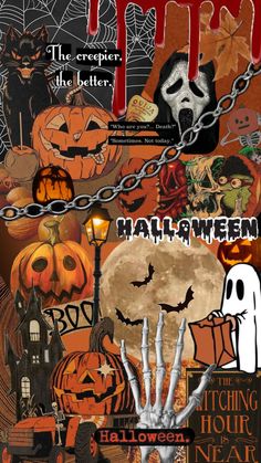 halloween collage with pumpkins and ghost hands