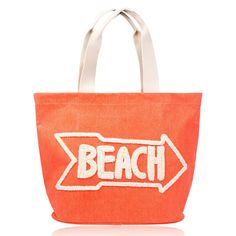 an orange tote bag with the word beach printed on it's front and side