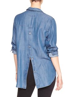 Chambray Drapey Button-Back Boyfriend Shirt | Banana Republic Factory Classic Chambray Denim Button-up Top, Chambray Button-up Shirt, Blue Chambray Button-up Tops, Medium Wash Chambray Button-up Blouse, Medium Wash Chambray Button-up Shirt, Banana Republic Factory, Boyfriend Shirt, Denim Button Up, Chambray