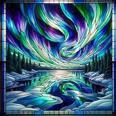 a stained glass window with an image of the northern sky and stars above water, surrounded by snow