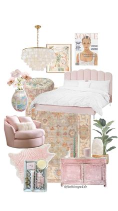 a bedroom with pink furniture and pictures on the wall