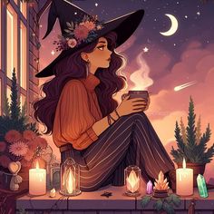 a woman in a witches hat sitting on a window sill with candles around her