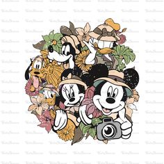 mickey and minnie mouses surrounded by leaves, flowers and other things in the background