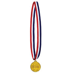 a gold medal with two red, white and blue ribbons around it's neck